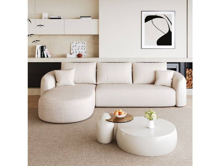 Canapé d'angle modulable compressé 266 cm blanc tissu chenille sans montage 4 places angle gauche