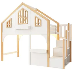 OKWISH Hochbett aus Kiefernholz und MDF, Weiß, 90x200 cm, gewerblich geeignet, mit Stauraumtreppe, LED und Fenster