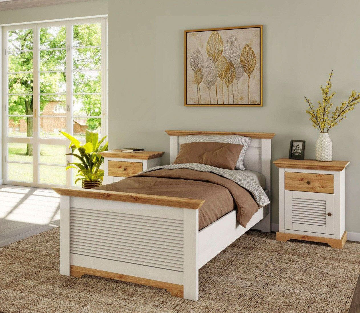 Bett GOODPRODUCT "Rauna, Landhausstil, edles Design mit Lamellen und Kassetten, 2 Farben", weiss (weiß, honig, weiß, honig, weiß, honig), B:105cm H:85cm L:206cm, Betten, Bett, FSC zertifiziertes Kieferholz, massive Qualität mit Lattenrost weiß, honig, wei