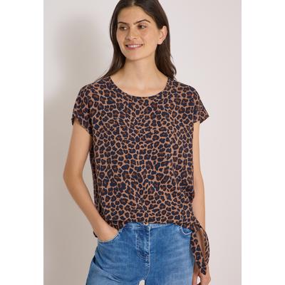 Kurzarmbluse CECIL, Damen, Gr. L (42), braun (creamy mocha), Stoff, 100% Viskose, gemustert, klassisch normal, Rundhals, normaler Saum, Blusen, mit Knotendetail am Saum