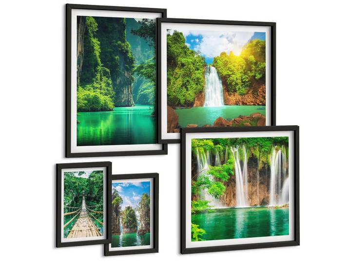 Tulup Bilder SET 5er Set - 50x50 cm & 20x30 cm & 40x60 cm Schwarzer Rahmen - See, Berge, Boote, Ferienhaus, Kunststoff, Rechteckig, 40x60 cm, Fotografie, Bilder & Rahmen, Bilder