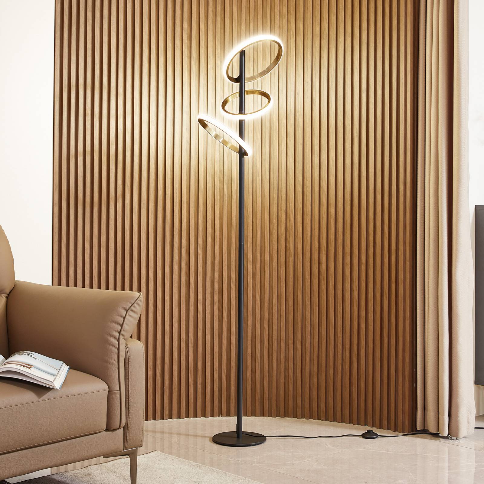 Lámpara de pie LED Madu Lucande, atenuable, Negro, Salón / Comedor, Metal, Moderno, Lámpara de pie LED