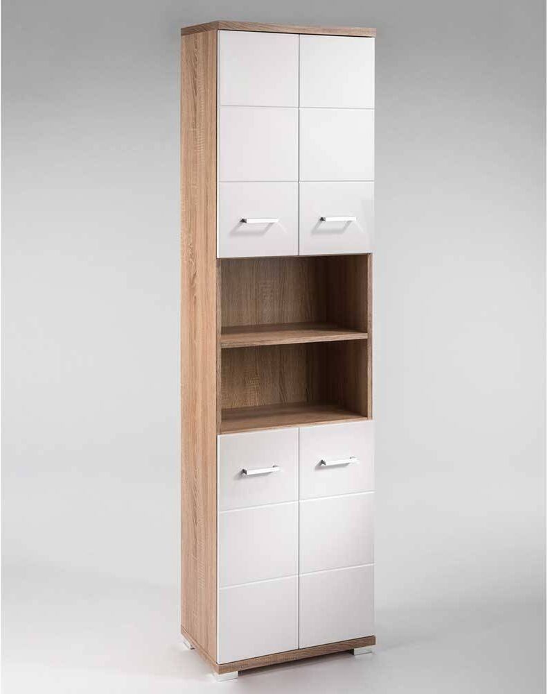 Pharao24.de Hoher Badseitenschrank in Weiß und Sonoma Eiche 50 cm breit