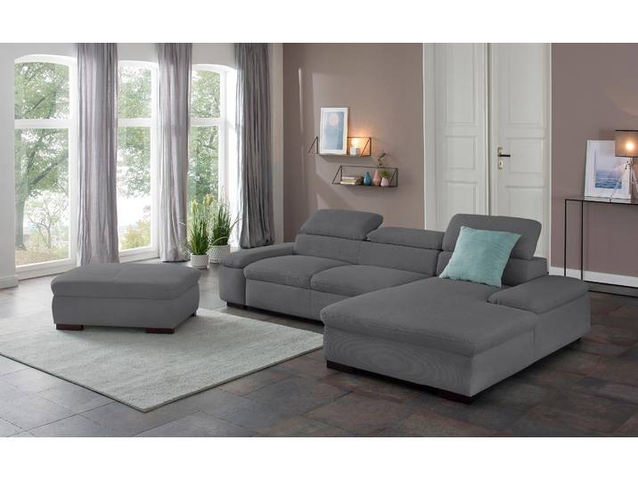 Ecksofa, Luxus-Microfaser, Grau, 286×174 cm, Mit Bettfunktion & Kopfteilverstellung, Klassisch-Vintage, Home affaire
