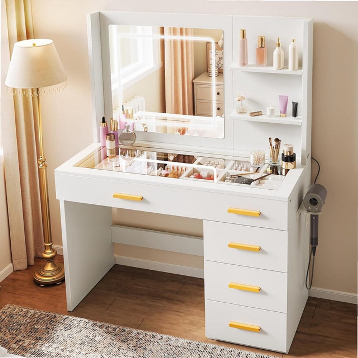Sierra Make-uptafel met verlichting, spiegel, kruk en 5 laden, wit