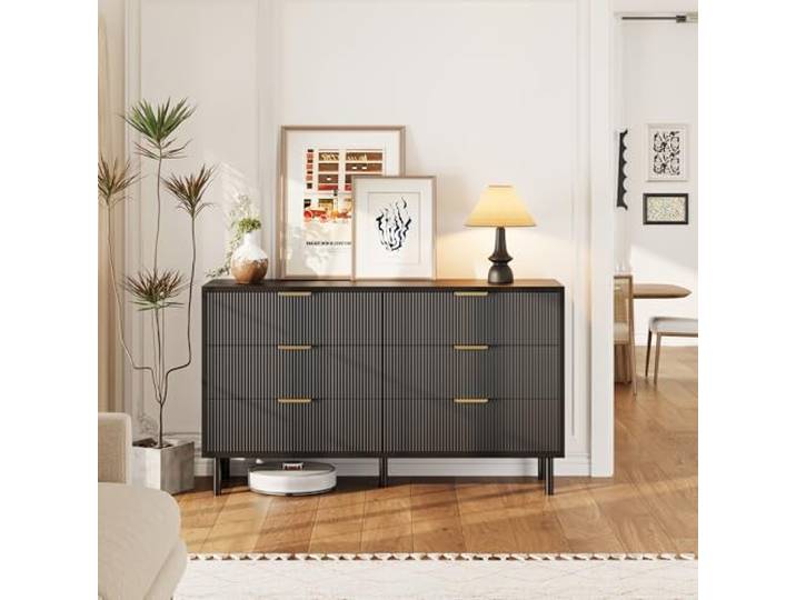 GarveeHome Fluted Kommode mit 6 Schubladen, Schwarz Stabiles Holz mit Metallfüßen und Anti-Kipp-Design für Schlafzimmer, Wohnzimmer und Flur