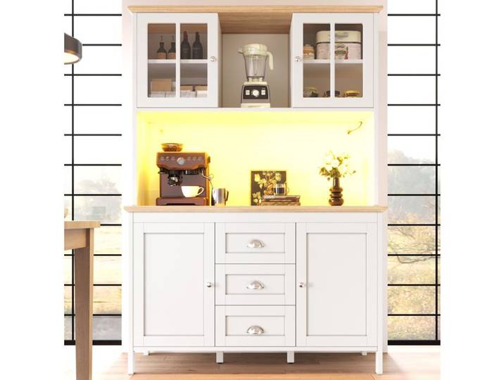 Buffet de Cuisine Haut 4 Portes 3 Tiroirs Éclairage LED et Plan de Travail - BEAUNIV - Blanc MDF 120×40×179 cm