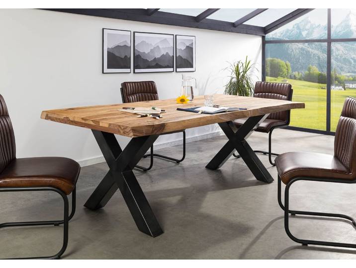 Baumtisch Sheesham 260x100x77 natur sandgestrahlt / X-Beine anthrazit glänzend FREEFORM 5
