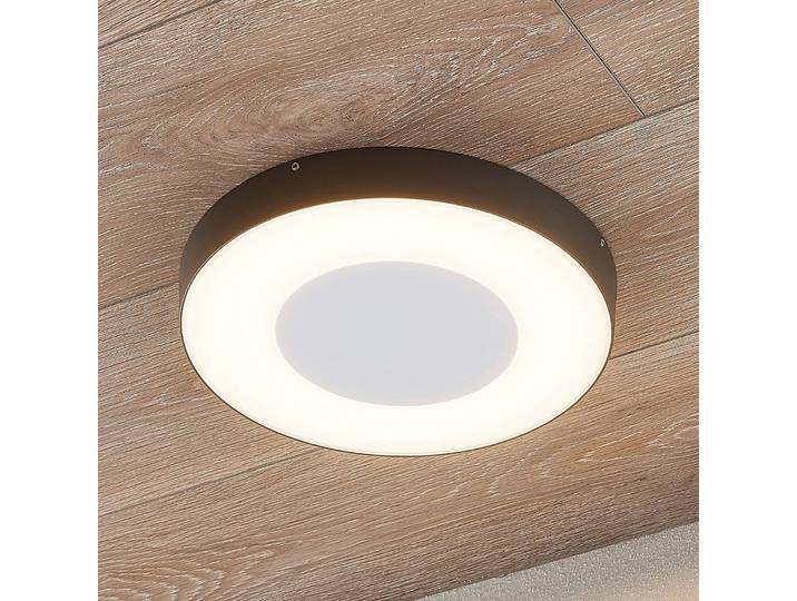 Lucande LED-Außendeckenleuchte Sora, rund, Sensor, IP54 Sora, alu / grau / zink, Aluminium, Modern