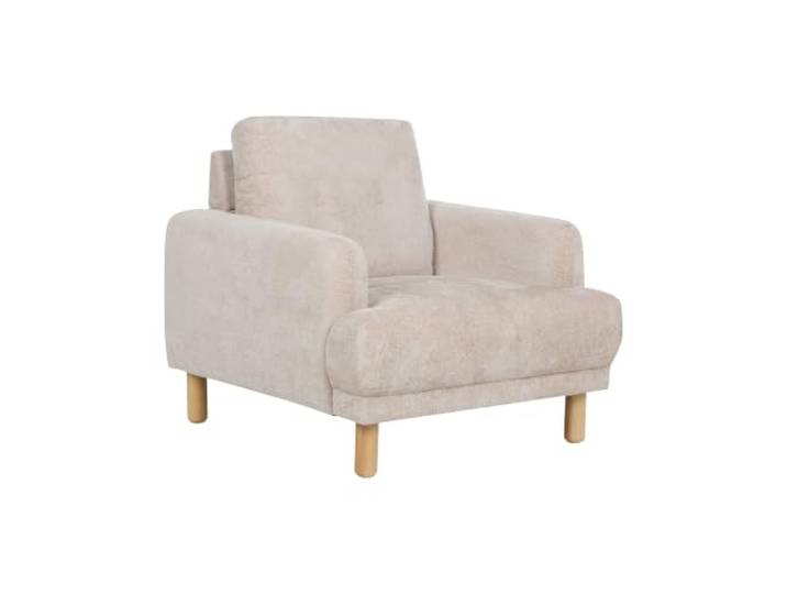 Sessel Bouclé beige mit hohen Holzbeinen Armlehnen Knöpfe Retro Stil Tuve