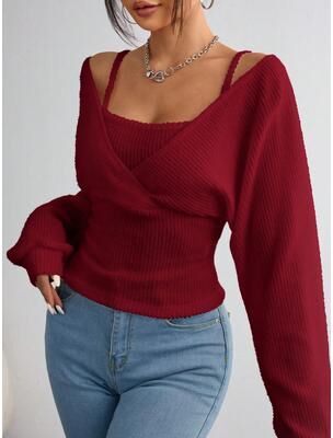 Universal Stock Womens Knitted Hoodie Casual Long Sleeve Top Breathable Regular Fit Pullovers red s