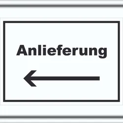 HB-Druck Anlieferung Schild mit Text und Richtungspfeil links Annahme waagerecht A0 (841x1189mm)