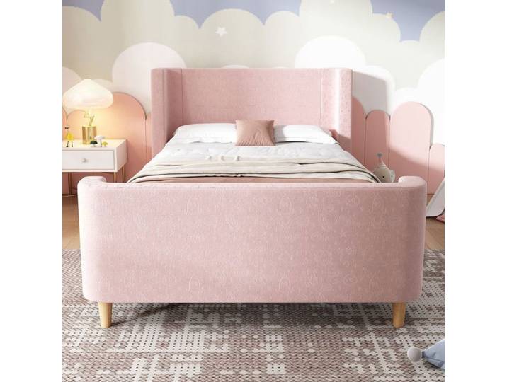 Lit enfant fille - 90x200 cm - Rose - Velours - Motif cosmique - Antidérapant