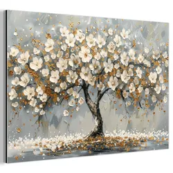 METALLBILD Baum - Blumen - Weiß - Natur - Kunst Wanddeko 90x60 cm