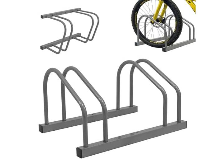 Support vélo Relaxdays\, montage sol/mur\, 2 vélos\, pneus jusqu'à 65mm\, garage/cour\, range-vélos en ligne\, acier\, argent