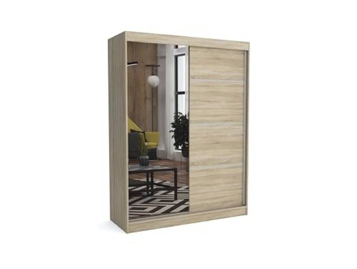 Brent - Kleiderschrank mit Spiegel Tom, 160cm Breit, Schlafzimmerschrank mit 1 Kleiderstange und Einlegeböden für Kleidung, Kleiderschrank Sonoma Eiche