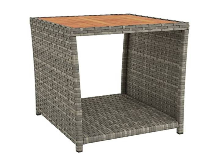 HBBMGYD Polyrattan-Teetisch, Grau, mit massiver Akazienoberfläche Langlebiges Polyrattan, stabiler Stahlrahmen, exotische Holzplatte, Terrasse und Garten, einfache Reinigung