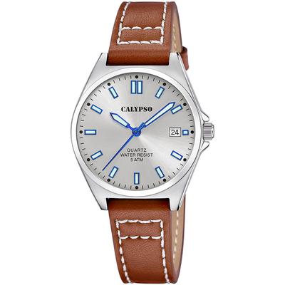 Quarzuhr CALYPSO WATCHES "Basic", braun (braun, silberfarben), Armbanduhren, Damen, silberfarben, Quarzuhr, Armbanduhr, Damenuhr, Lederarmband, analog, Tag