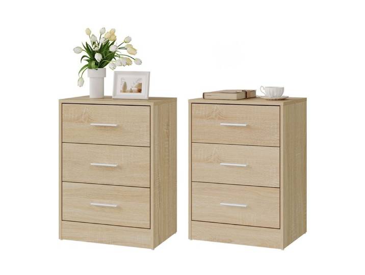 Tables de chevet - WOLTU - Lot de 2 tables de Nuit - 3 tiroirs - 39x28x54 cm - MDF - chêne clair