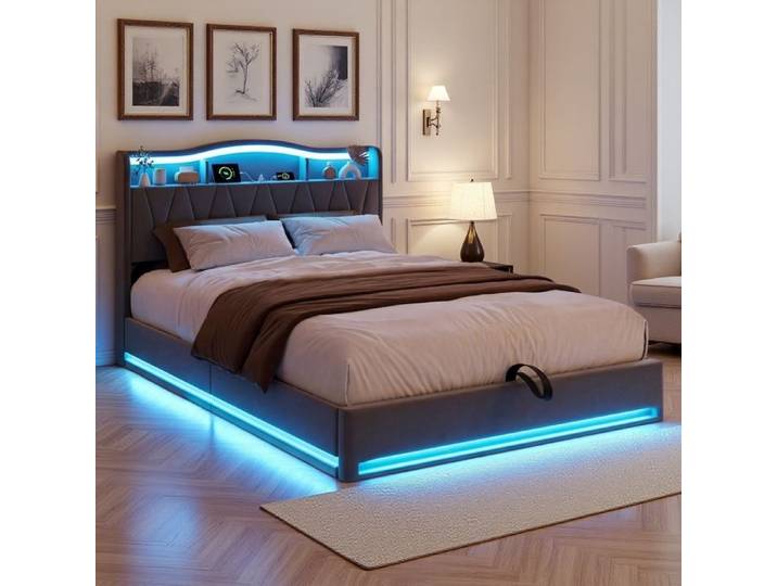 Lit coffre 140x200 cm - RWUDV -Tête de lit Rembourré avec rangement USB-Lit 140x200 Coffre Led-Lit 140x200 avec Sommier Velours gris