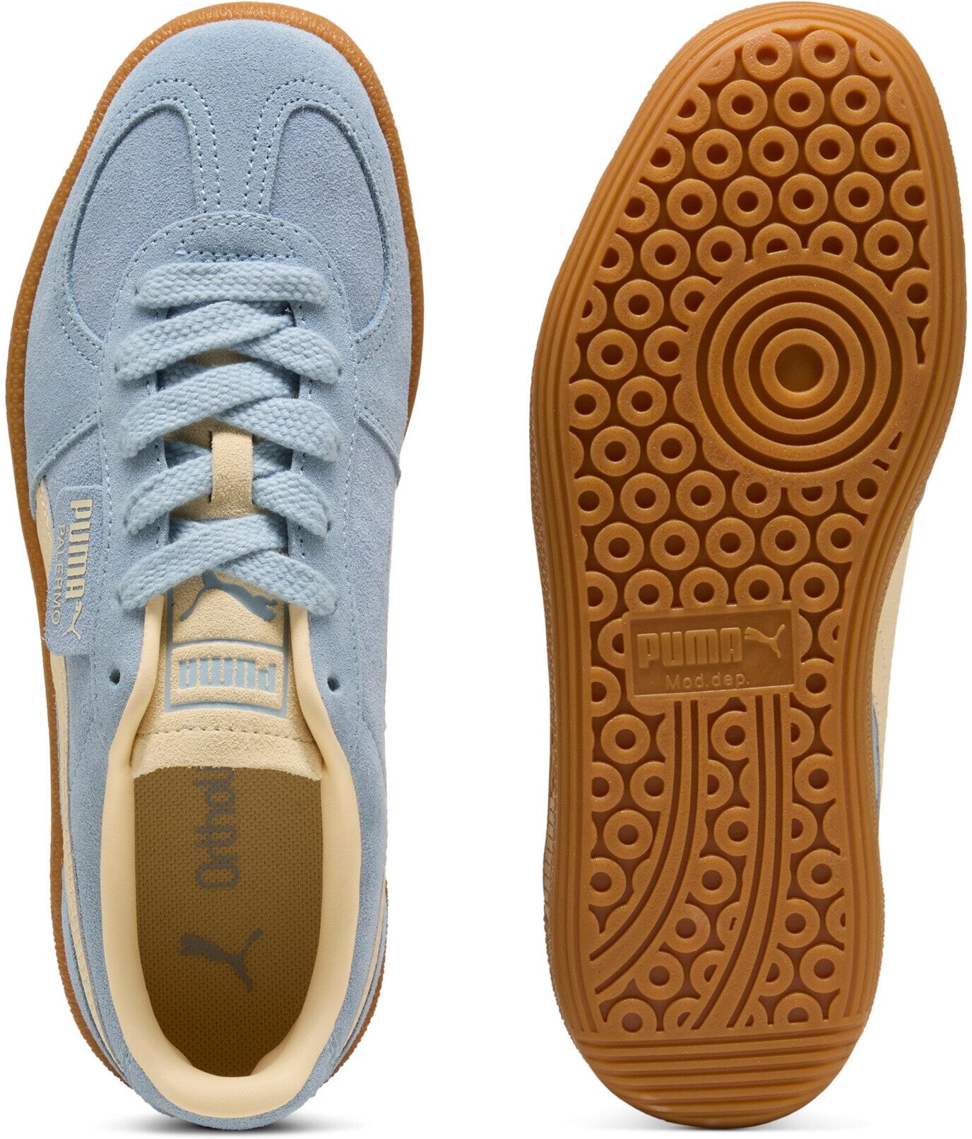 Sneaker PUMA "PALERMO", Damen, Gr. 39, Synthetik, blau (sea illusion, buttercream), Leder, unifarben, Schuhe Sneaker, für Alltag, aus Leder, mit Schnürverschluss sea illusion, buttercream 39, Synthetik