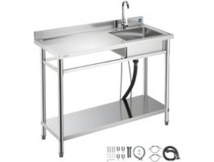 VEVOR Spültisch Spülbecken Edelstahl (120 x 50 x 94 cm), Einzelbecken mit Wasserhahn & Ablage, Küchenspüle für Garage Restaurant Wäscherei, Waschtisch Außenspüle mit Arbeitsplatte (links)