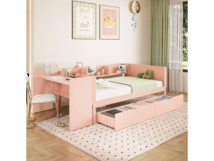 Lit combiné enfant - SOGEU - 90x200 - Blanc/Rose - Bureau intégré - Tiroirs de rangement