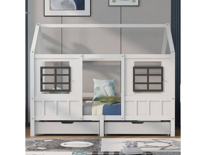 Lit cabane enfant - SOGEU - Lit cabane avec 2 fenêtres - 90x200 cm - Bois pin massif & MDF - 2 tiroirs sur roulettes