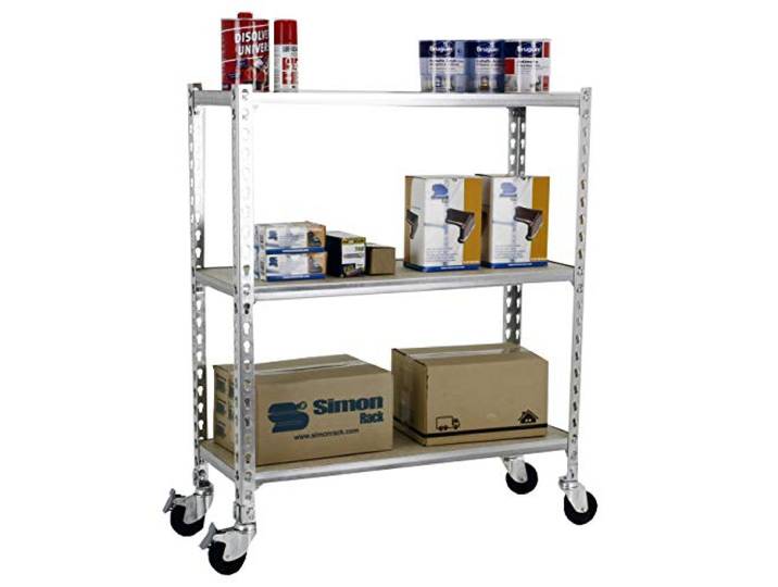 Simon Rack Metallregal mit Rollen 975x1100x400 mm - Maderclick 3 Höhen, Holzablage, Biegepunkt 75 kg, Korrosionsschutzlackierung, Klicksystem-Montage, Verzinkt