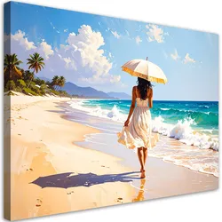 LEINWANDBILD Frau mit Sonnenschirm spaziert am Strand 120x80cm