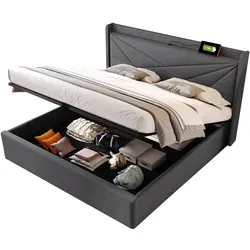 Polsterbett 160x200 cm mit Stauraum und USB Typ C Ladefunktion – modernes Design in Grau, stabiler Eisenrahmen, komfortable Aufbewahrung