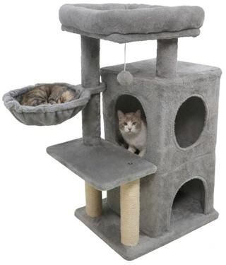 Costway 33.5 Inch Cute Kitten Tower with 2-Tier Condo and Padded Top Perch-Light Gray