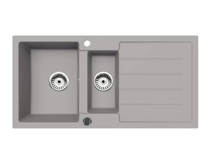 Faizee Home Napoli Granitspüle 100 x 50 cm Grau – Granit Einbauspüle mit Hauptbecken, Zusatzbecken & Abtropffläche Reversibel montierbar Inkl. Siphon-Set
