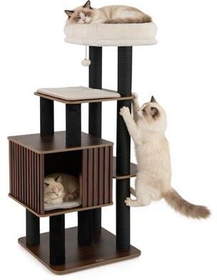 Costway 53.5 inch Tall Cat Tree for Indoor Cat Wooden Cat Tower Top Perch with Soft Padding-Brown
