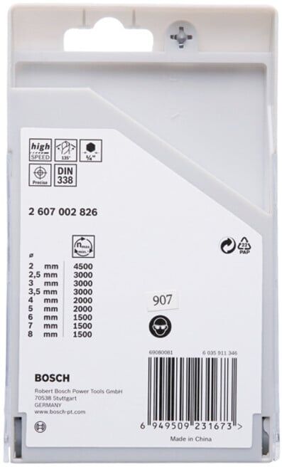 Coffret de 9 forets hexagonaux HSS PointTeQ, 2 - 8 mm. Pour perceuses visseuses BOSCH (2607002826)