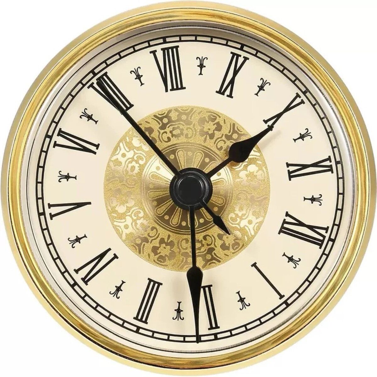 INF Einbau-Quarzuhr-Einsatz - 70mm Dekor-Zifferblatt mit römischen Zahlen, goldene Acryllinse und Edelstahl-Lünette