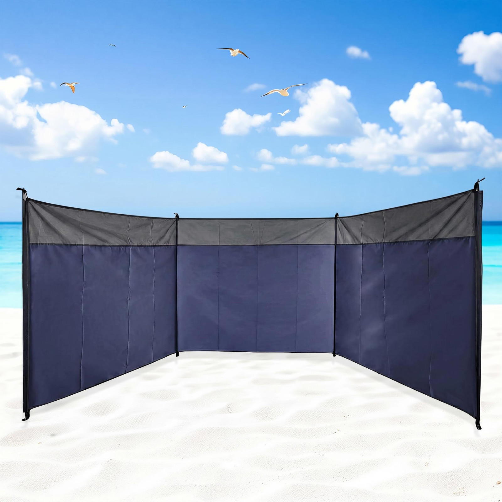 Spetebo Blauw Strandwindscherm met draagtas, B: 500 cm, H: 140 cm, inclusief touw en haringen
