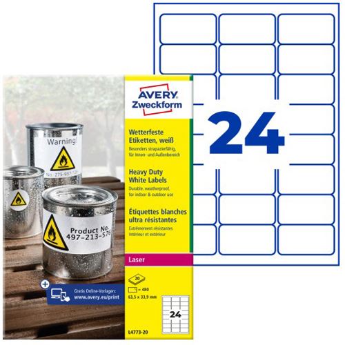 AVERY Zweckform 480 wetterfeste Folienetiketten L4773-20 weiß 63,5 x 33,9 mm