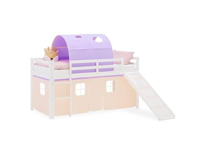 Homestyle4u Hochbett mit Rutsche 90x200 cm Weiß, Kinderbett aus Kiefer Stabiles Massivholz - Inklusive Tunnel und Vorhang in Beige-Lila - Mit Absturzsicherung - Gemäß Sicherheitsnorm EN 747