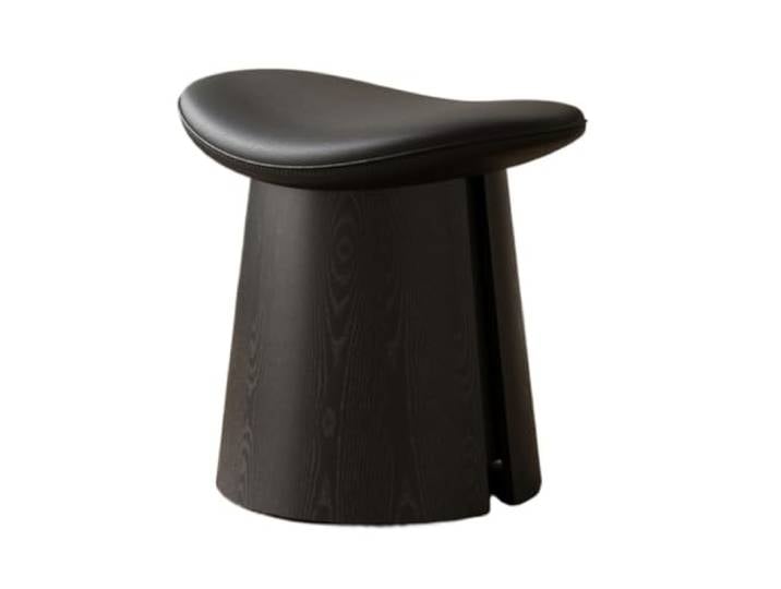 Moderner Massivholz-Fußhocker, runder Wohnzimmer-Waschtischsitz mit Bequem, stabil, langlebig, vielseitig einsetzbar, raffinierte Textur, leicht zu reinigen(Black leather seat cushion)