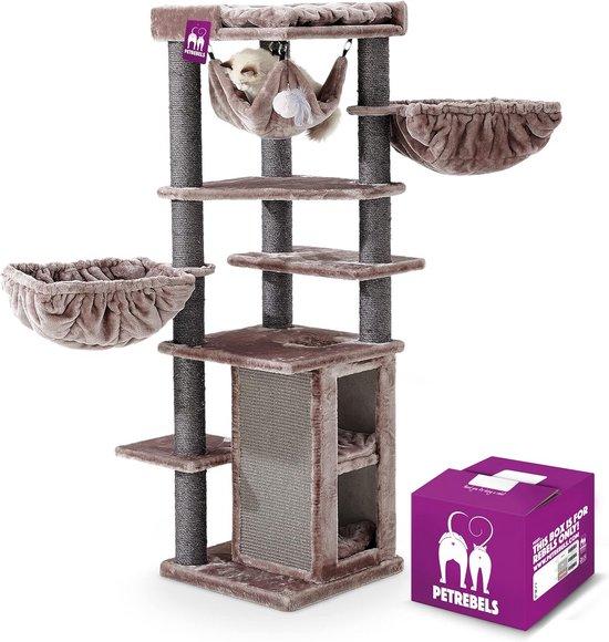 Famanu Kratzbaum 158 cm mit Liegeflächen und Hängematten - Für Katzen in Grau