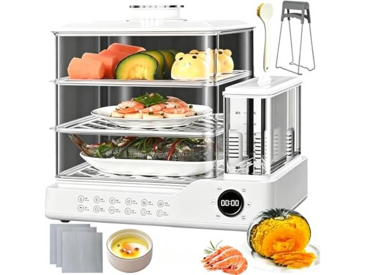 3-stufiger Dampfgarer, 24 l mit 800 W Leistung 3-lagiges, abnehmbares, Touchscreen-Display, Warmhaltegerät, for Frühstücks- und Snackbar, visuelle Dampfhaube(White)