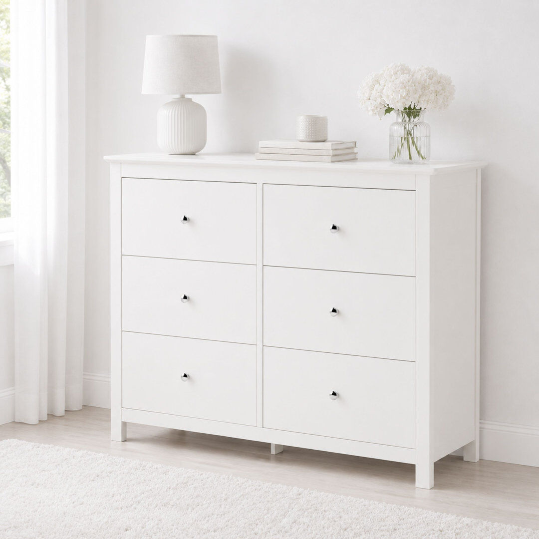 Latitude Run Nairn White 3+3 Drawer Wide Chest of Drawers, Stylish Double Chest White 89.8cm H X 110cm W X 40cm D