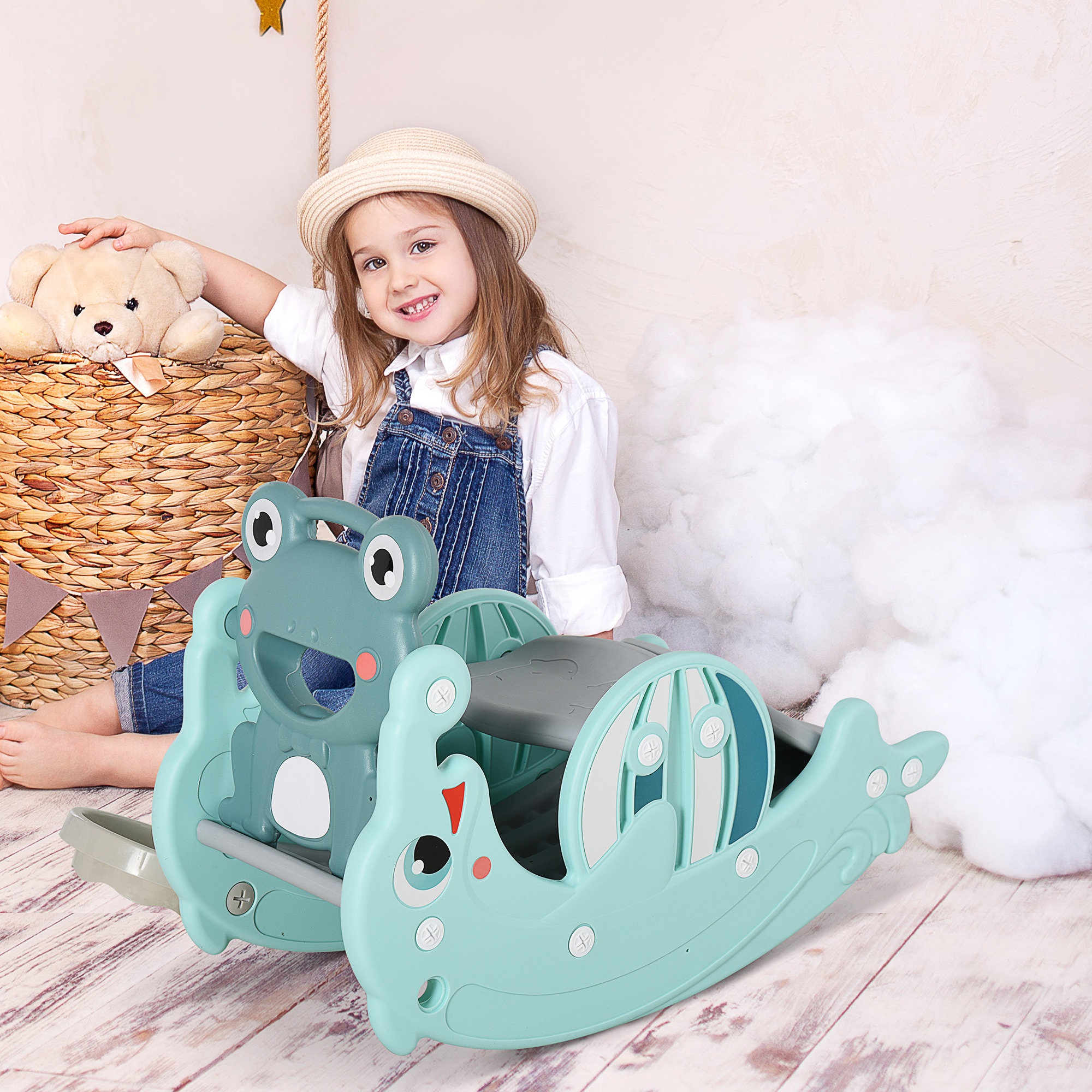 Homcom Cavallo a dondolo 3-in-1 per bambini,Scivolo Giocattolo  per bambini 3-5 anni, in HDPE, Verde Aosom