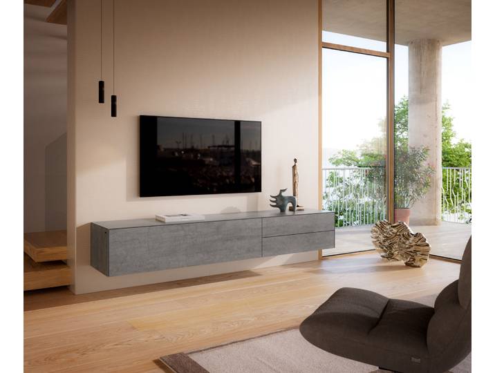 Meuble TV Cuor 220 cm Céramique Béton gris 1 Clapet 2 Tiroirs Flottant