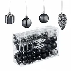 Relaxdays Weihnachtskugeln 72er Set, glitzernde, matte, glänzende Baumkugeln, Stiefel, Herz, Zapfen, Kunststoff, schwarz