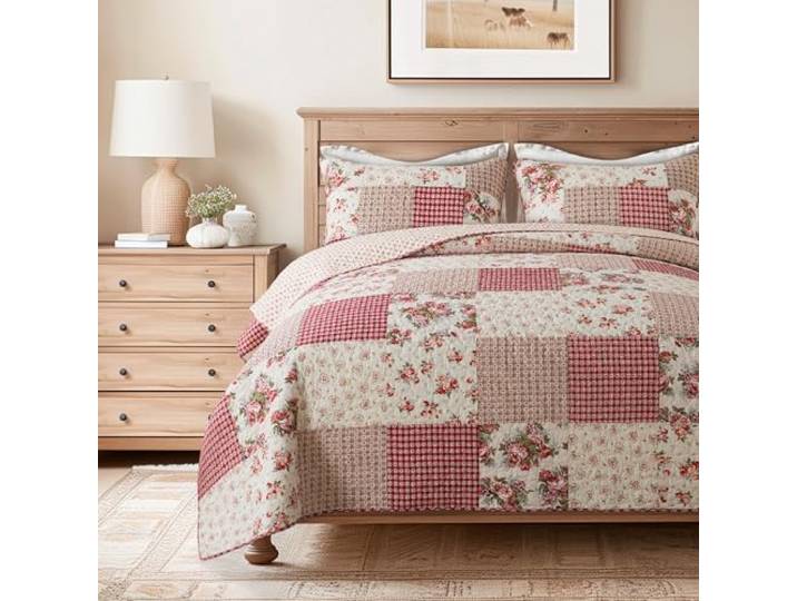 SLPR - Country Roses Patchwork-Steppdecken-Set mit rotem Blumenmuster, Kingsize-Bett mit 2 Kissenbezügen