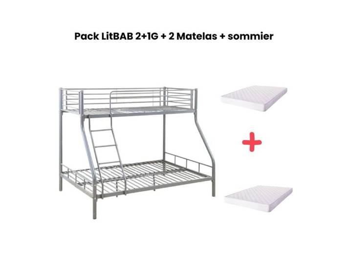 Pack: Lit superposé en métal COSTO sommier inclus + 2 Matelas 90/140x190 cm 3 places Gris