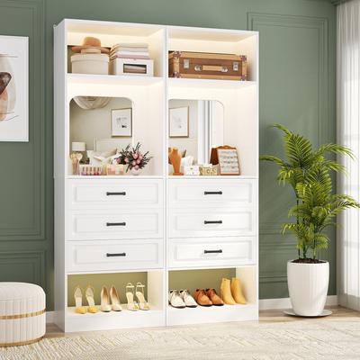 Rackcog Cimly 25'' Freestanding Closet System with Drawers and Mirror, Display Shelves Organizer with Shelving