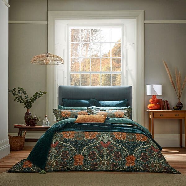 Morris & Co Honeysuckle and Tulip Single Duvet Cover Set Mulberry and Teal